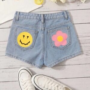 Shein Girls Floral and Cartoon Face Print Denim Shorts - 11-12Y